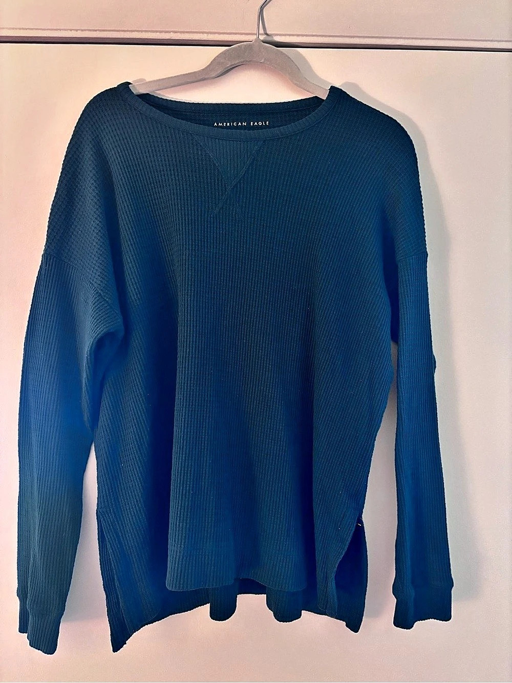 American Eagle Waffle Knit Crewneck Sweater Green Medium